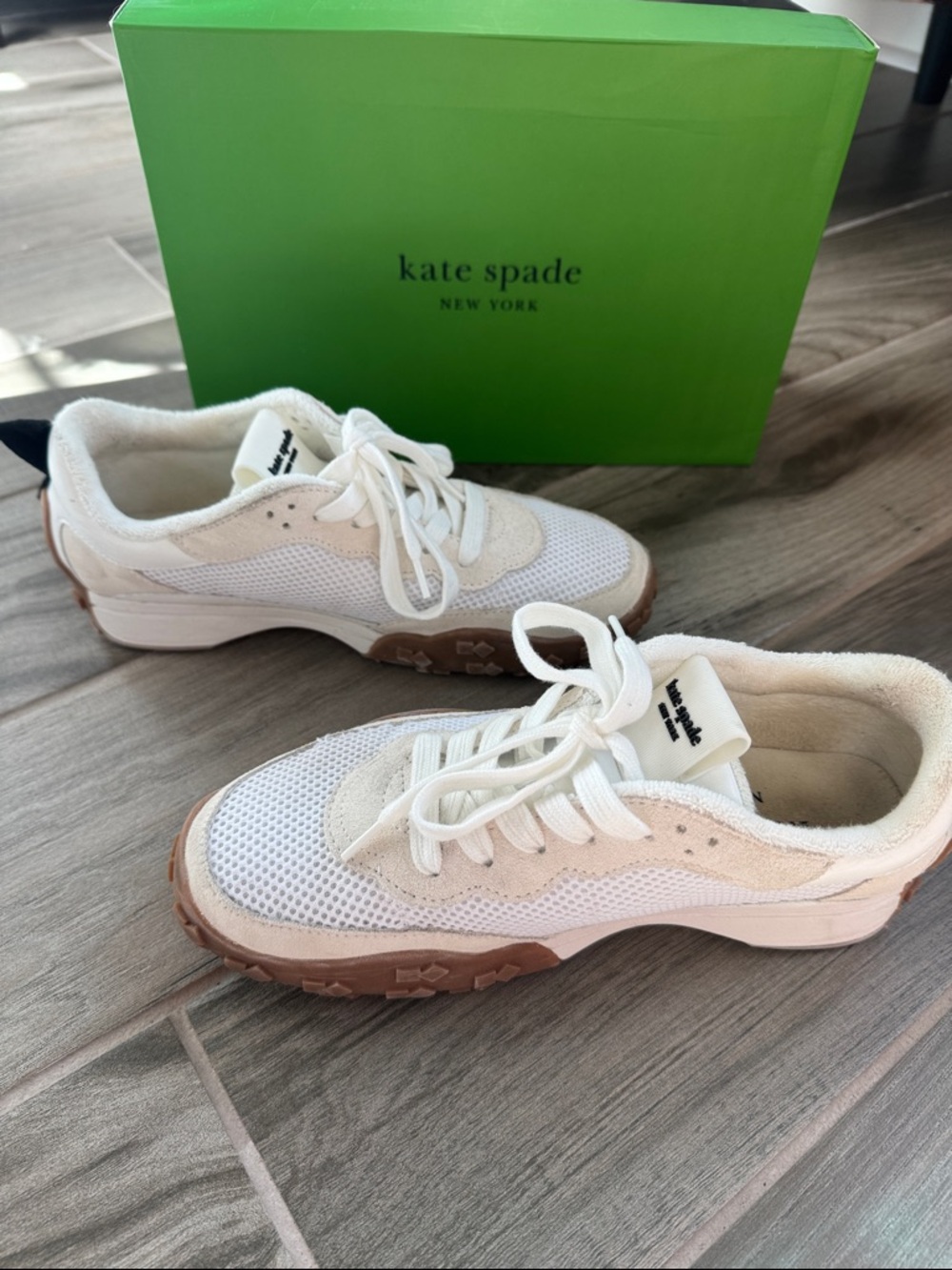 kate spade White Mesh Sneakers with Black Logo and Tan Sole - Picture 4 of 6